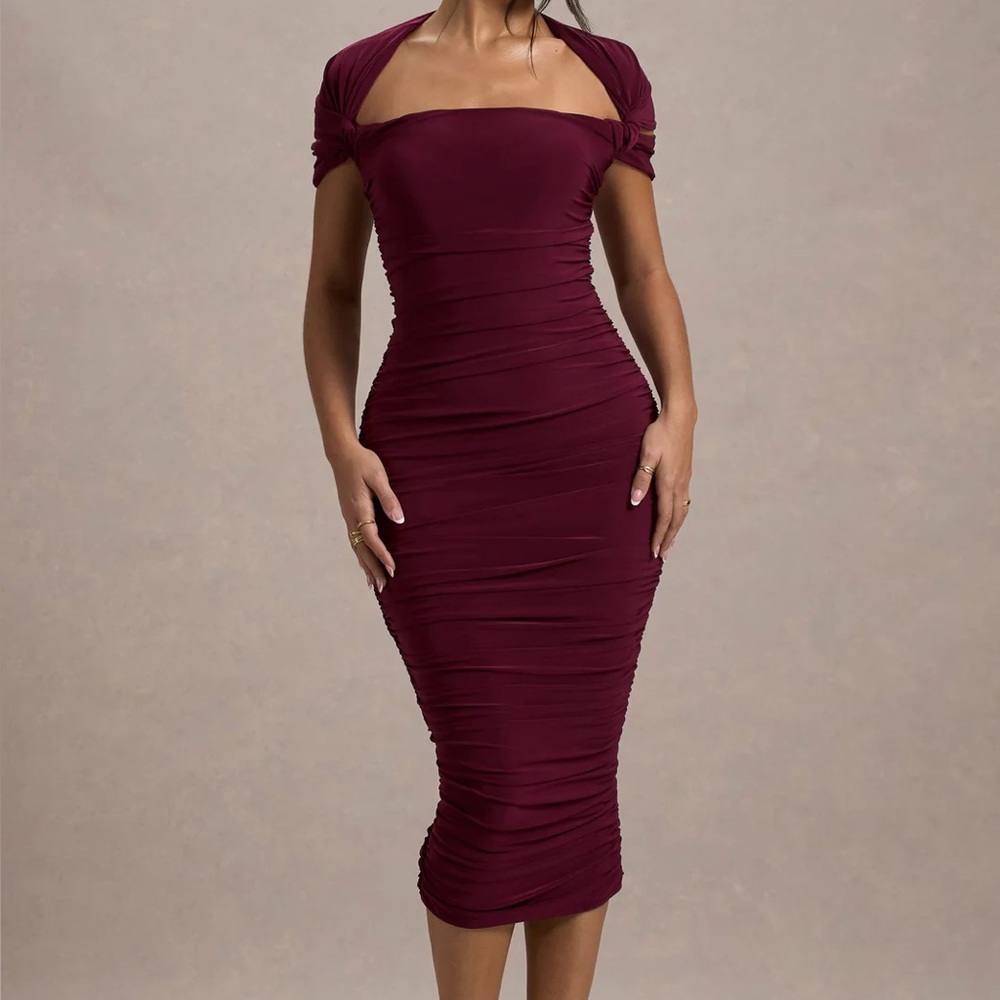 Paxos | Burgundy Ruched Short-Sleeve Midi Dress